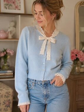 Pale Blue Coquette Cardigan Sweater NWT Heart Buttons Eyelet Lace Bow Detail